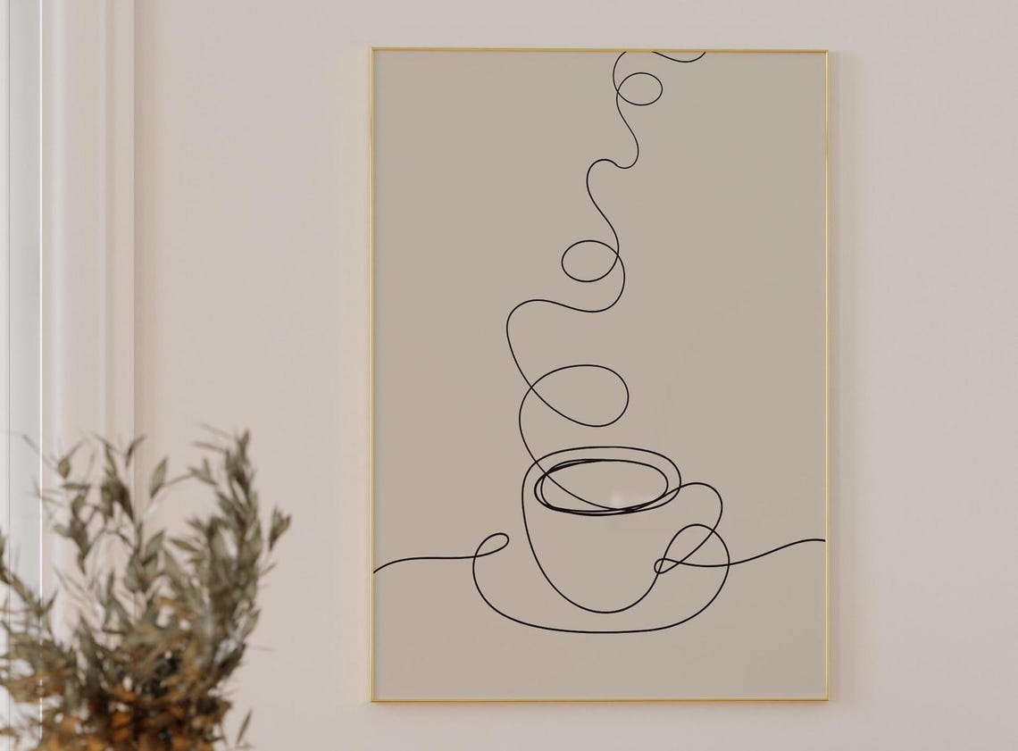 Minimal Single Line Coffee Cup Rising Steam Drawing Art Poster