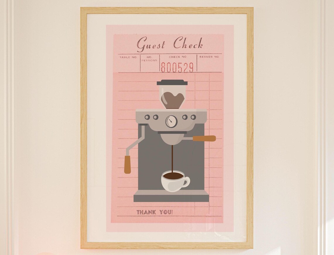 Pink Guest Check Espresso Machine Coffee Barista Retro Kitchen Poster