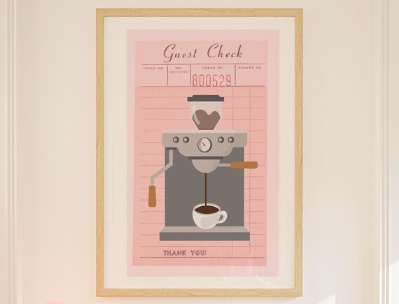 Pink Guest Check Espresso Machine Coffee Barista Retro Kitchen Poster