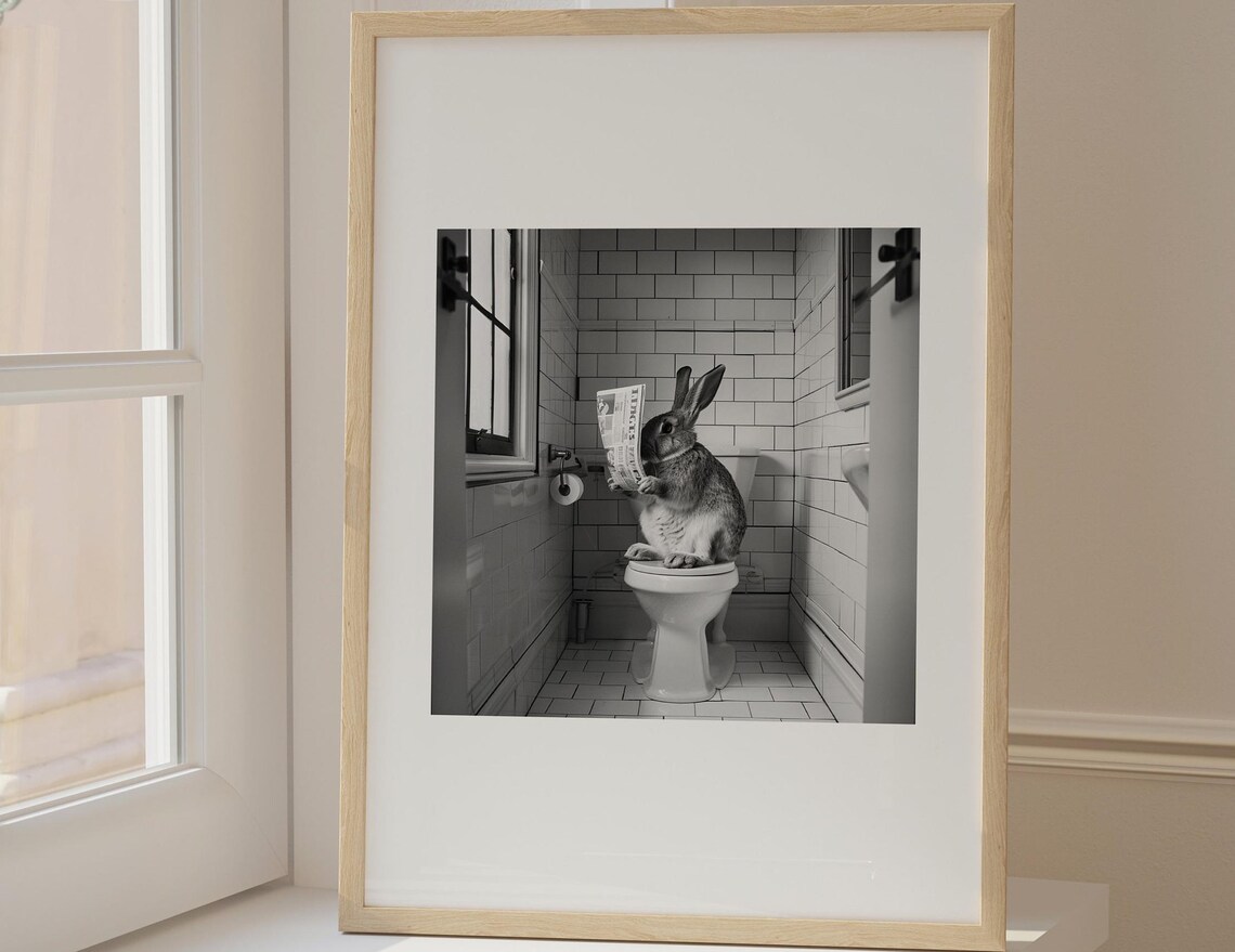 Rabbit Reading Newspaper On Toilet Funny Bathroom Photo Poster