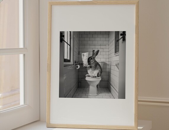 Rabbit Reading Newspaper On Toilet Funny Bathroom Photo Poster