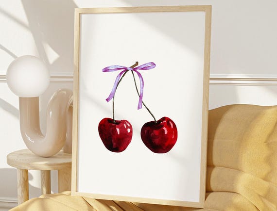 Cherry Wall Art Print Feminine Poster Coquette Purple Bow Soft Girl Bedroom Decor Trendy Wall Art Preppy College Apartment Print