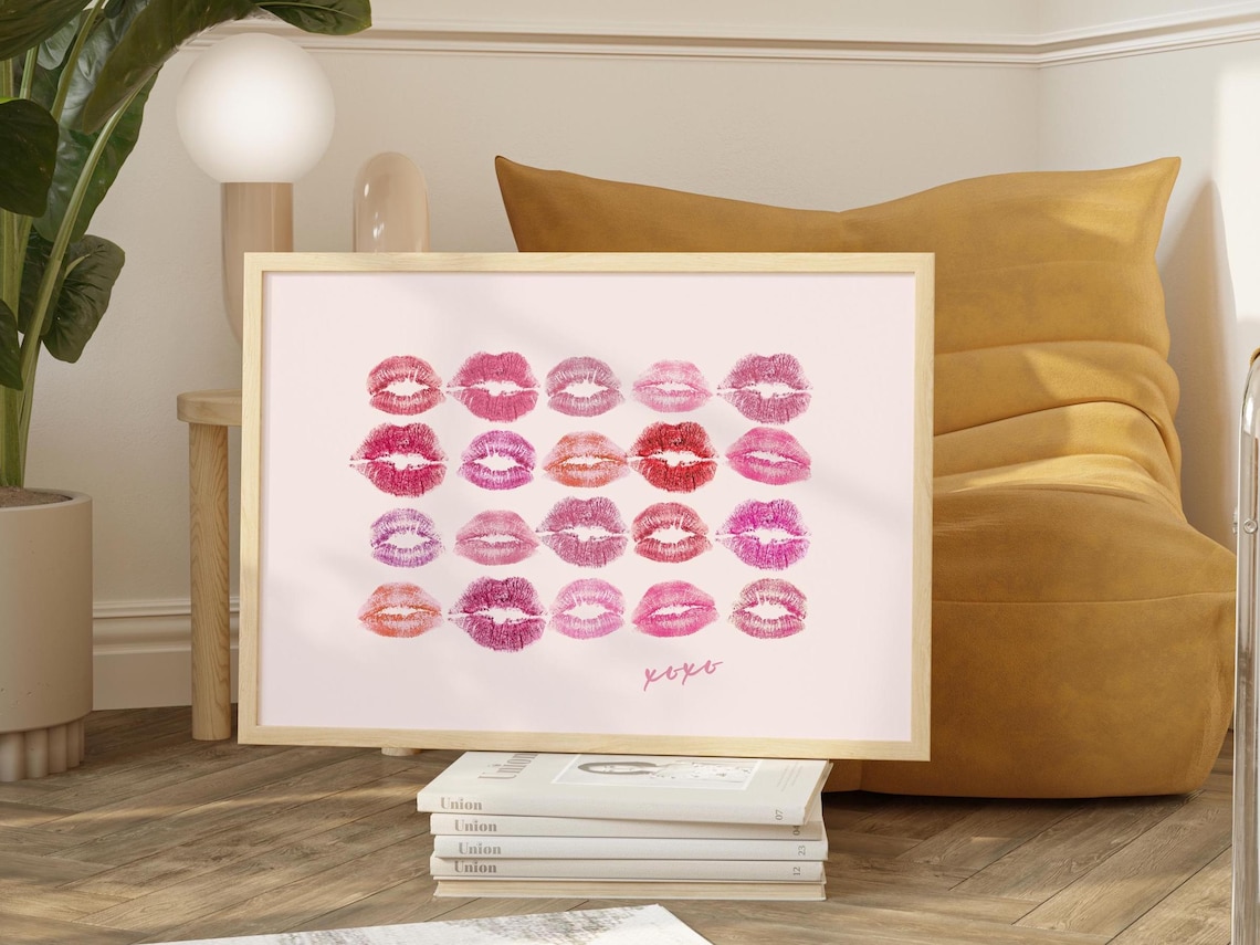 Pink and Purple Lipstick Kiss Prints Grid XOXO Preppy Dorm Poster