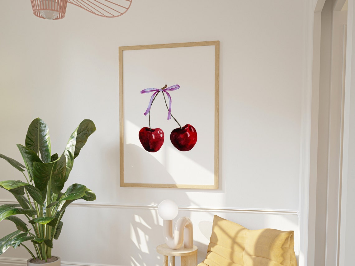 Cherry Wall Art Print Feminine Poster Coquette Purple Bow Soft Girl Bedroom Decor Trendy Wall Art Preppy College Apartment Print - Image 3