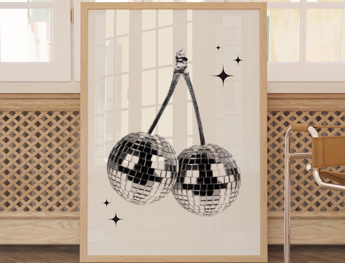 Disco Ball Cherries Black and White Sparkle Trendy Party Poster