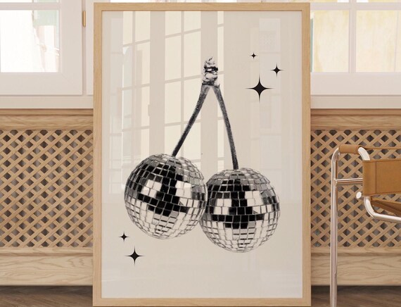 Disco Ball Cherries Black and White Sparkle Trendy Party Poster
