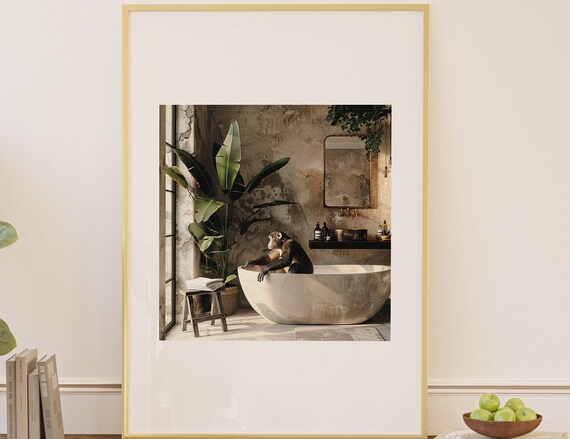 Monkey Relaxing In Stone Bathtub Tropical Bathroom Art Poster