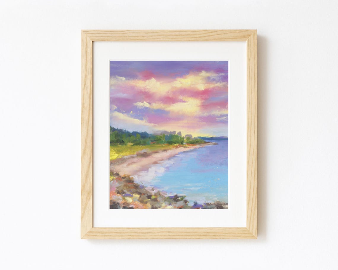 Pastel Sunset Lakeshore Rocky Shore Dreamy Landscape Art Poster