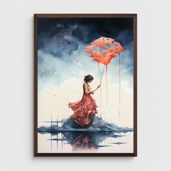Woman On An Island Fantasy Watercolor Painting Art Fantasia Style Melting Cloud Home Office Decor Wall