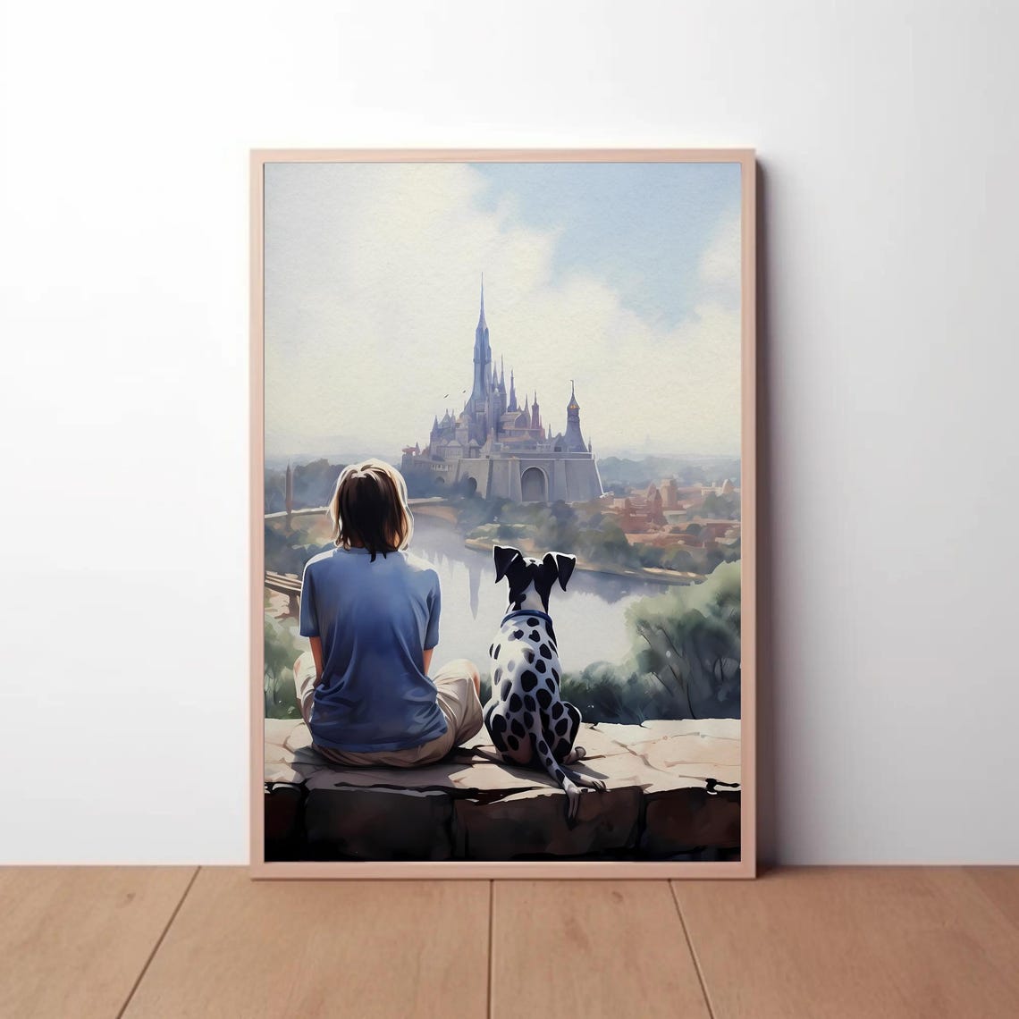Teen Looking At Castle With Dalmatian Watercolor Painting Art Dog Fairytale Princess Furry Friend