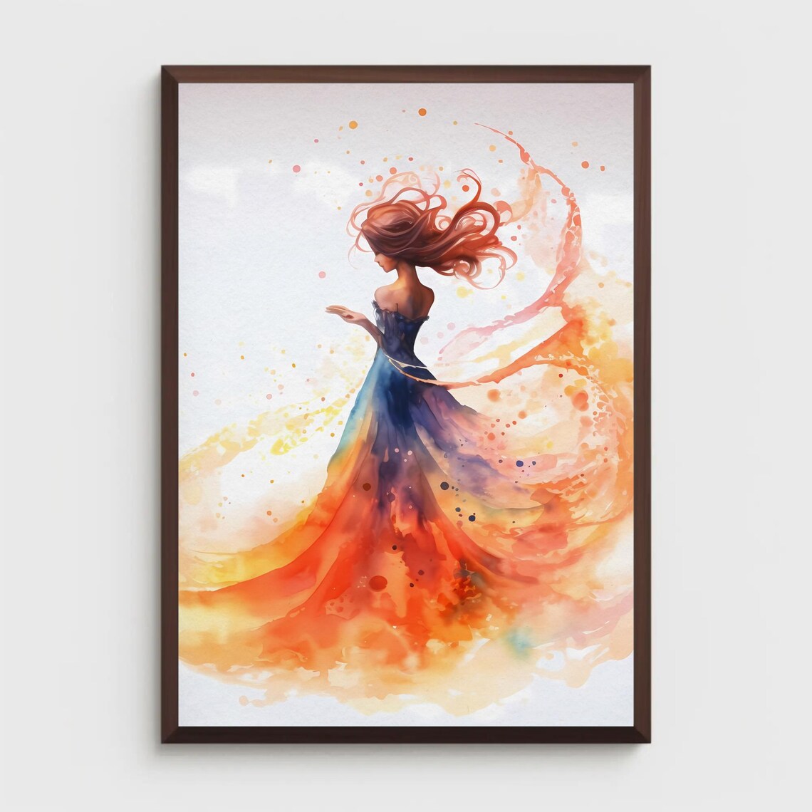 Graceful Dancer in Flowing Fiery Gown Fantasy Watercolor Art Poster