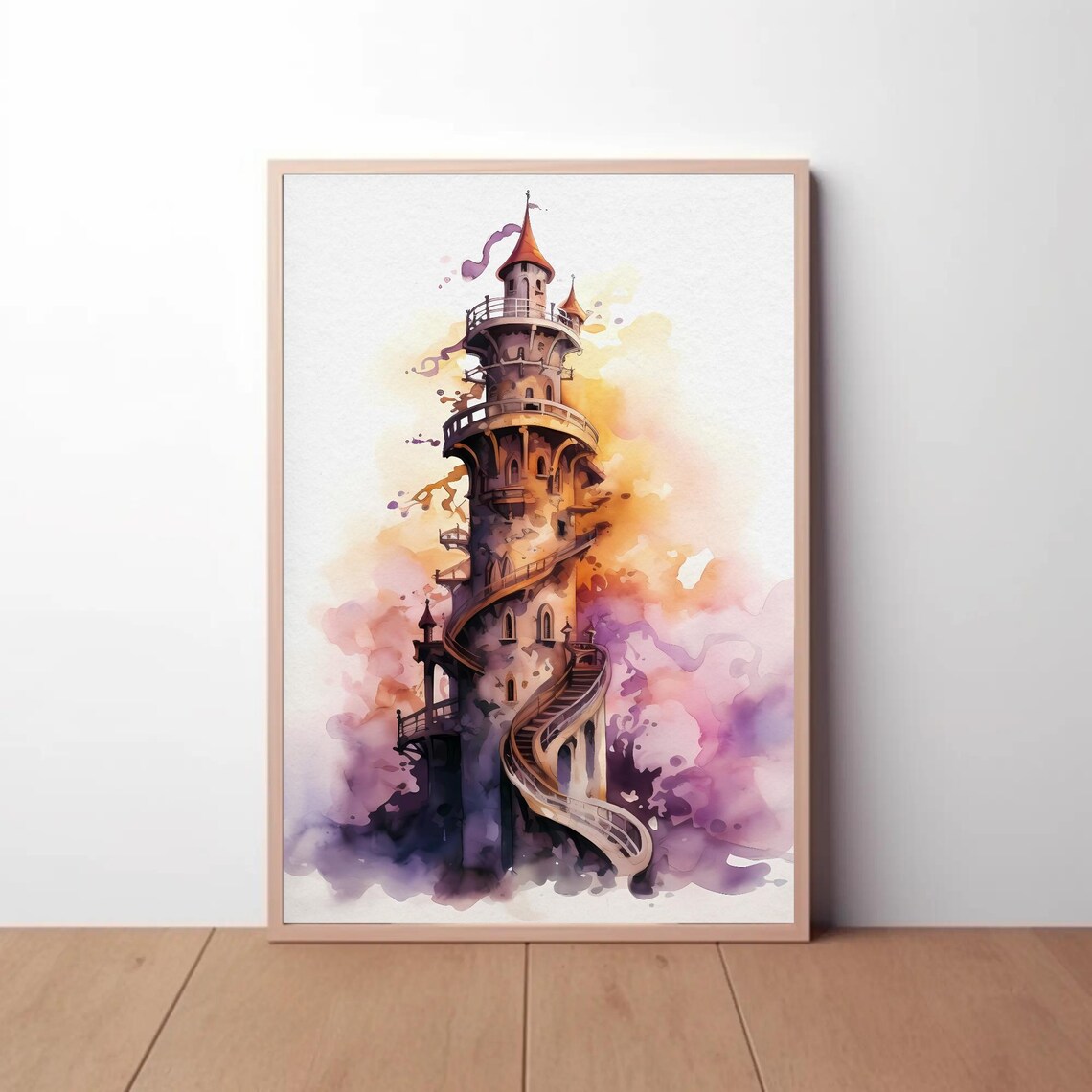 Whimsical Spiral Tower Castle in Pink and Gold Watercolor Wash Poster
