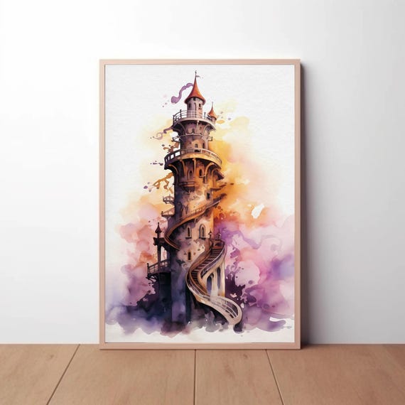 Fantasy Tower Watercolor Painting Print Art Wizard Whimsical Kids Room Nursery Wall