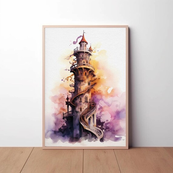 Whimsical Spiral Tower Castle in Pink and Gold Watercolor Wash Poster