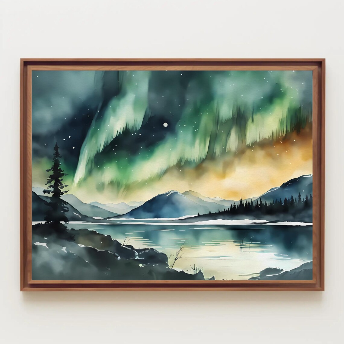 Northern Lights Reflecting on Calm Lake Watercolor Night Poster
