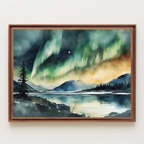 Northern Lights Reflecting Off Calm Lake Watercolor Painting Winterscape Aurora Borealis Night Art Wall