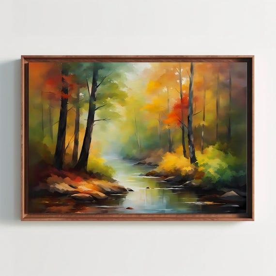 Relaxing Misty Forest With Calm Stream Watercolor Painting Foggy Landscape Art Wall Decor