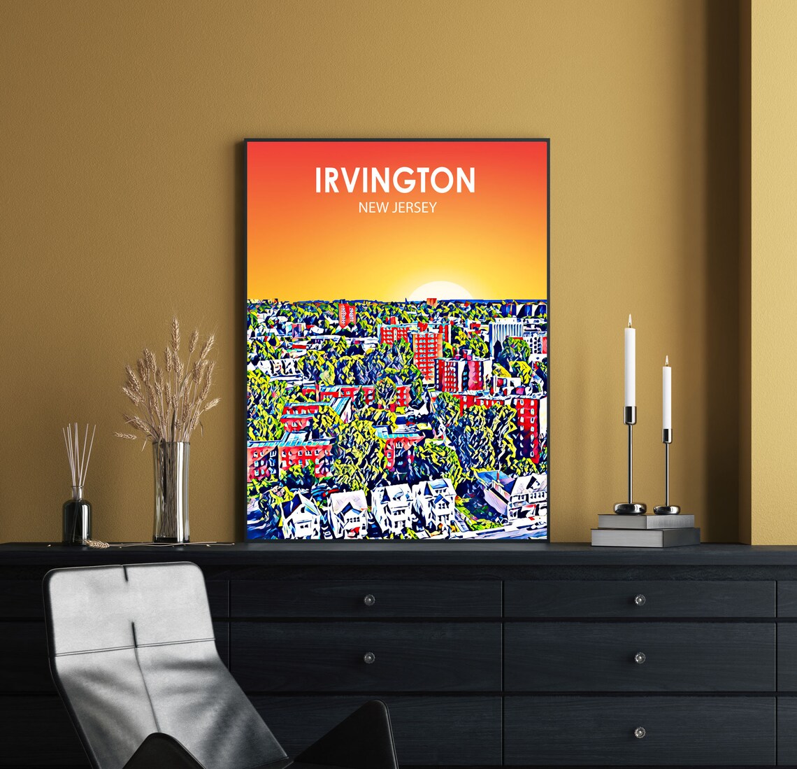 Irvington New Jersey Colorful Sunset Skyline City Travel Poster - Image 2