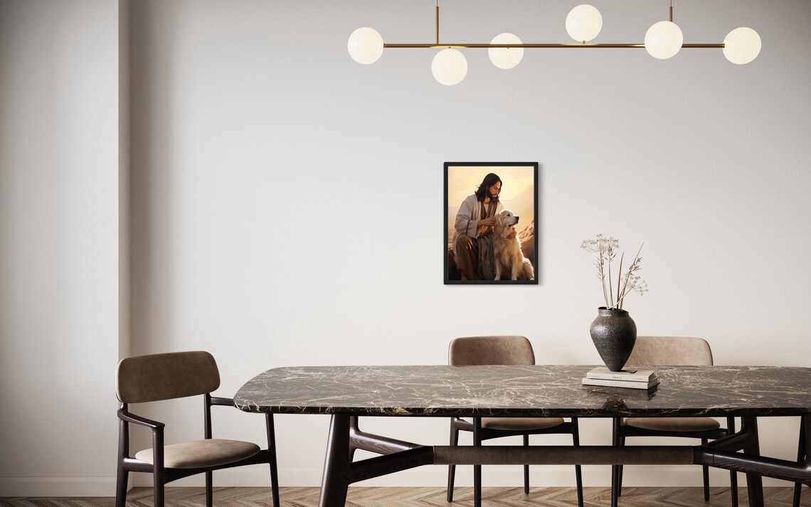 Jesus With Golden Retriever Dog Sunset Desert Portrait Poster - Image 3