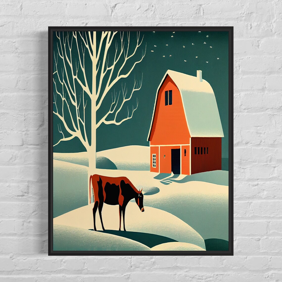 Red Barn Snowy Winter Night Cow Pasture Vintage Farm Art Poster