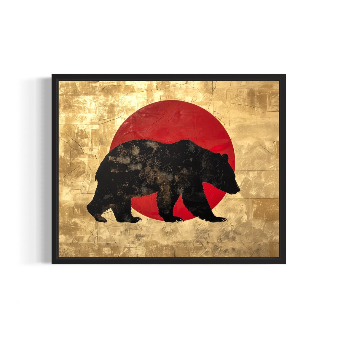Black Bear Walking Silhouette Against Red Sun Gold Art Poster