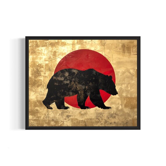 Black Bear Walking Silhouette Against Red Sun Gold Art Poster