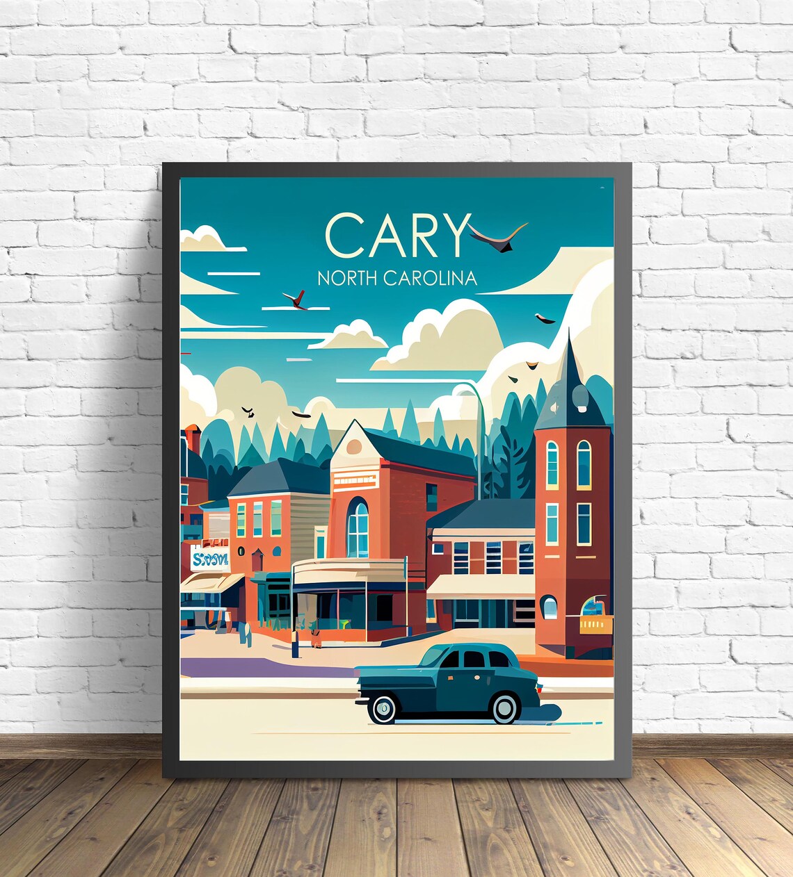 Cary North Carolina Brick Main Street Vintage Car Retro Travel Poster