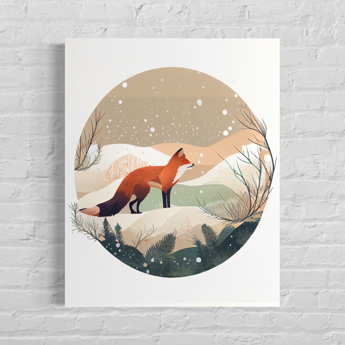 Red Fox in Snowy Winter Forest Circular Illustration Art Print