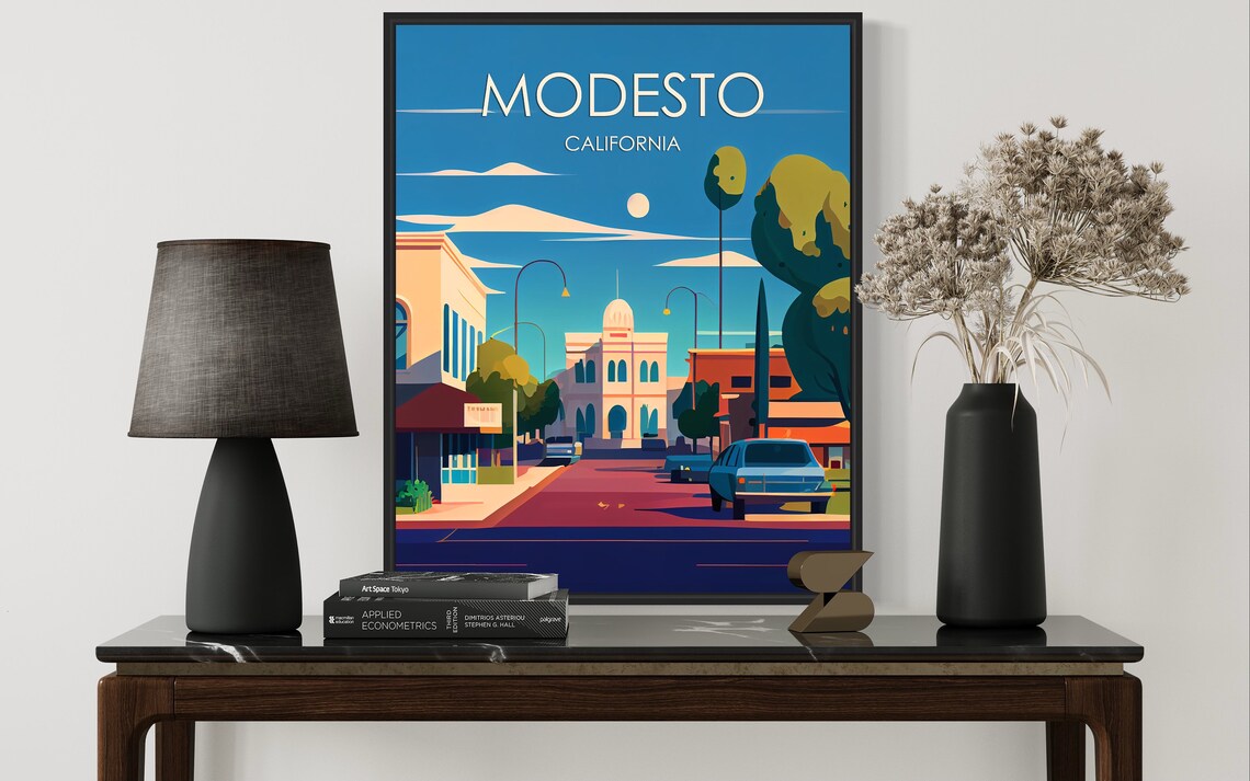 Modesto California Retro Downtown Street Sunny Day Travel Poster - Image 2
