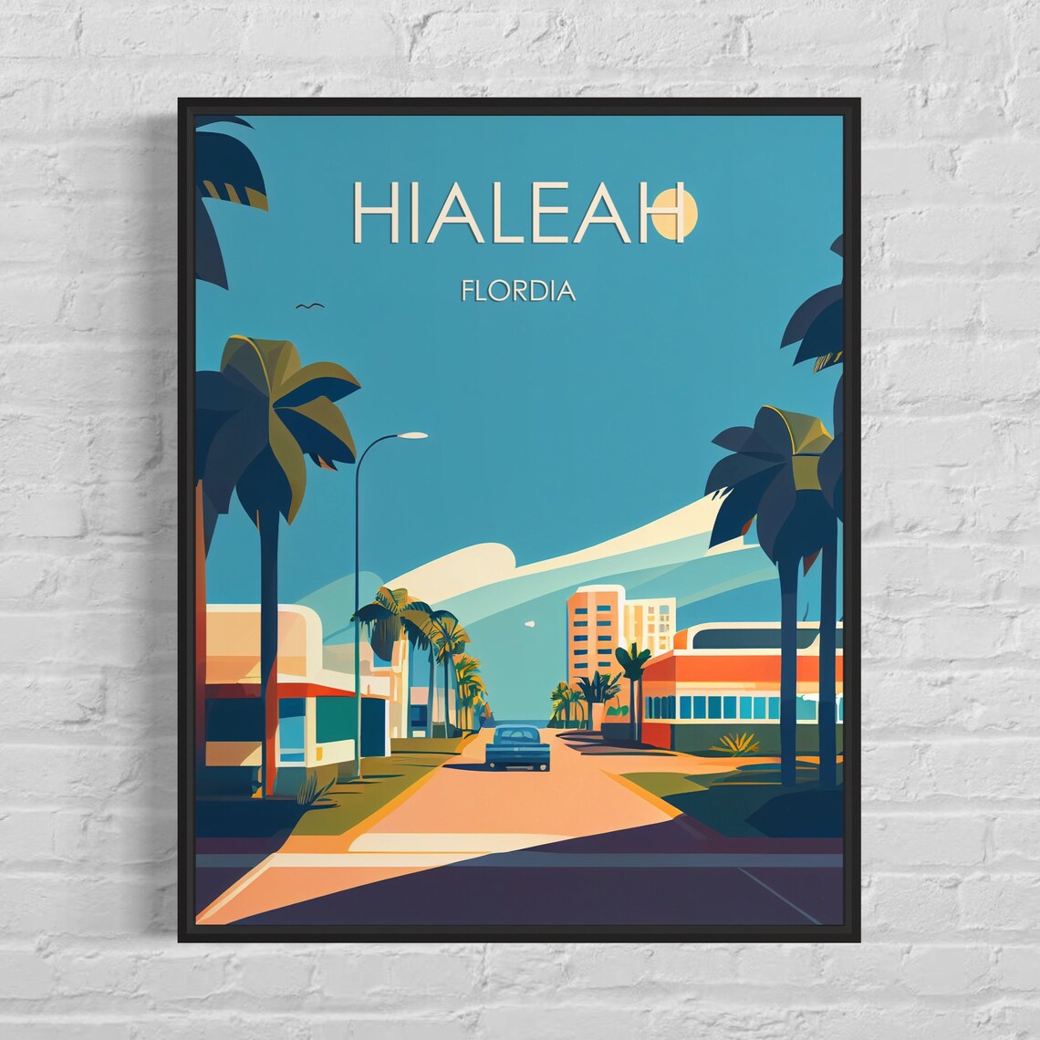 Hialeah Florida Palm Lined Street Mid Century Modern Art Poster