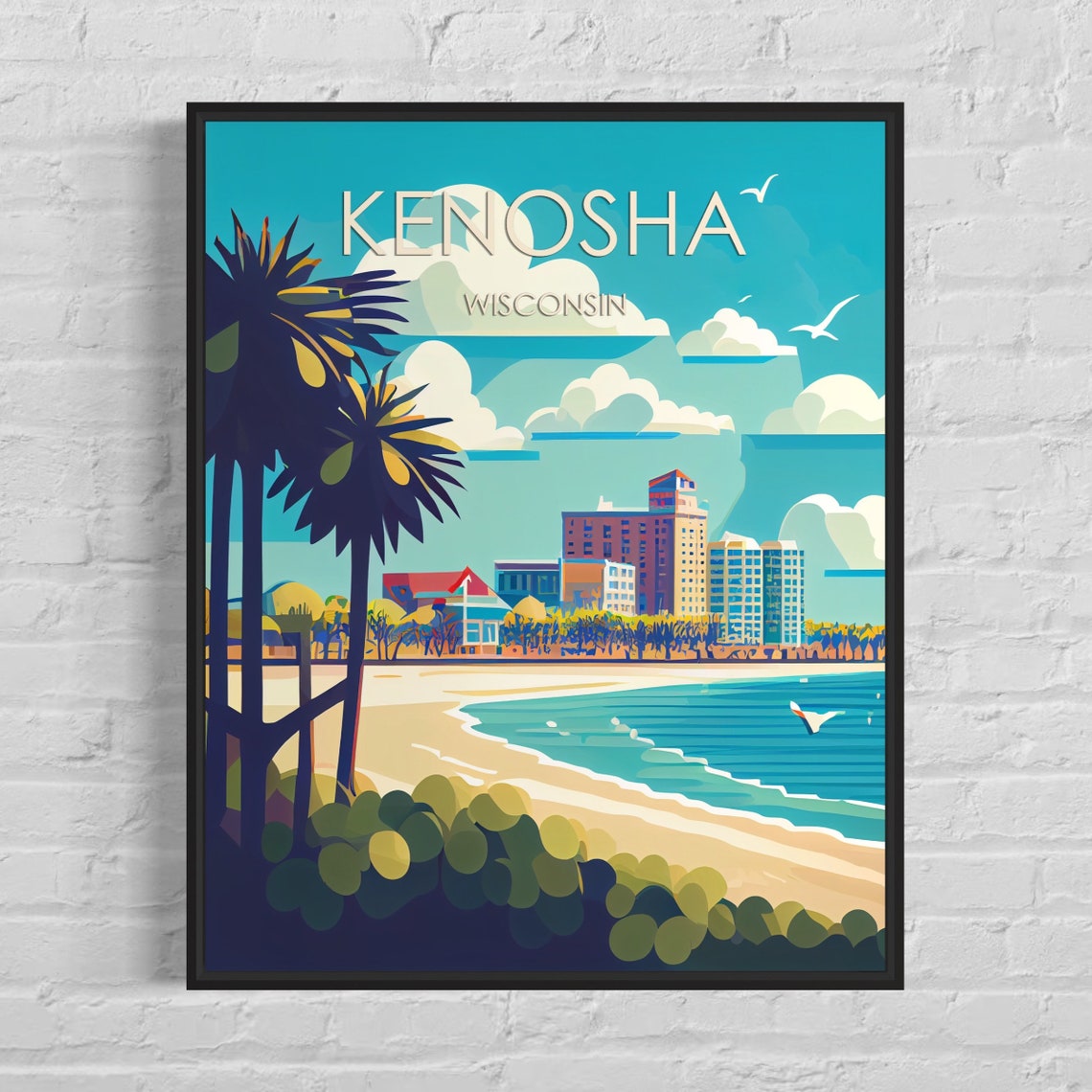 Kenosha Wisconsin Sunny Lakefront Sandy Beach Retro Travel Poster