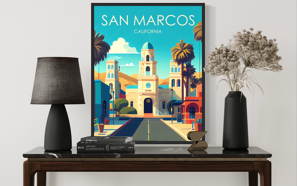 San Marcos California Mission Tower Palm Street Vintage Poster - Image 2