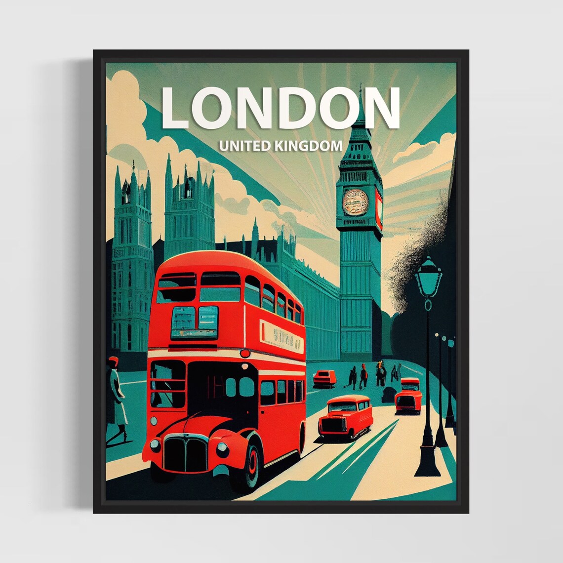 London United Kingdom Red Bus And Big Ben Vintage Travel Poster