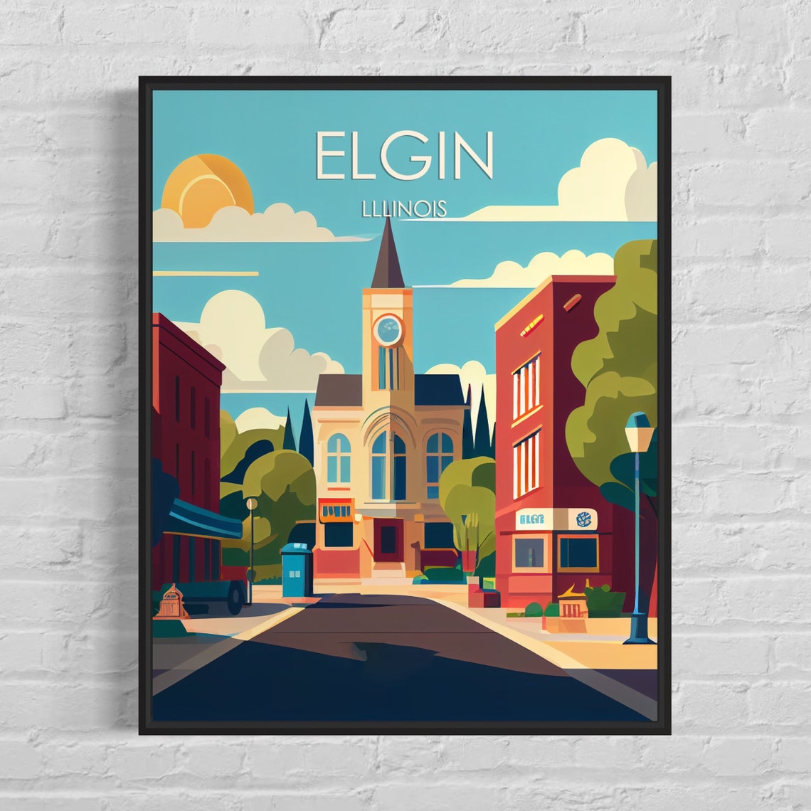 Elgin Illinois Clock Tower Main Street Vintage City Art Poster