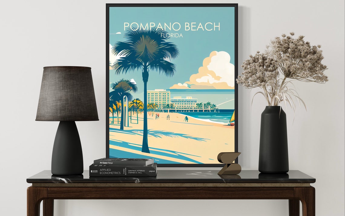 Pompano Beach Florida Palm Trees Resort Beachfront Travel Poster - Image 2