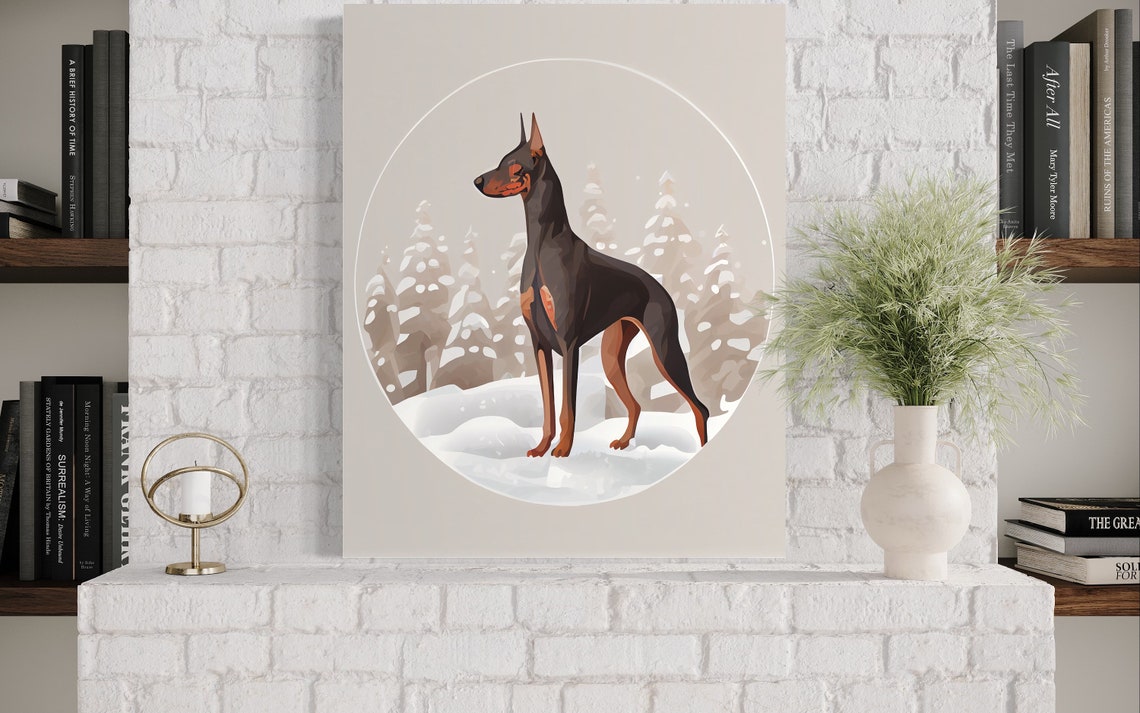 Black and Tan Dobermann Standing in Snowy Forest Circle Poster - Image 3