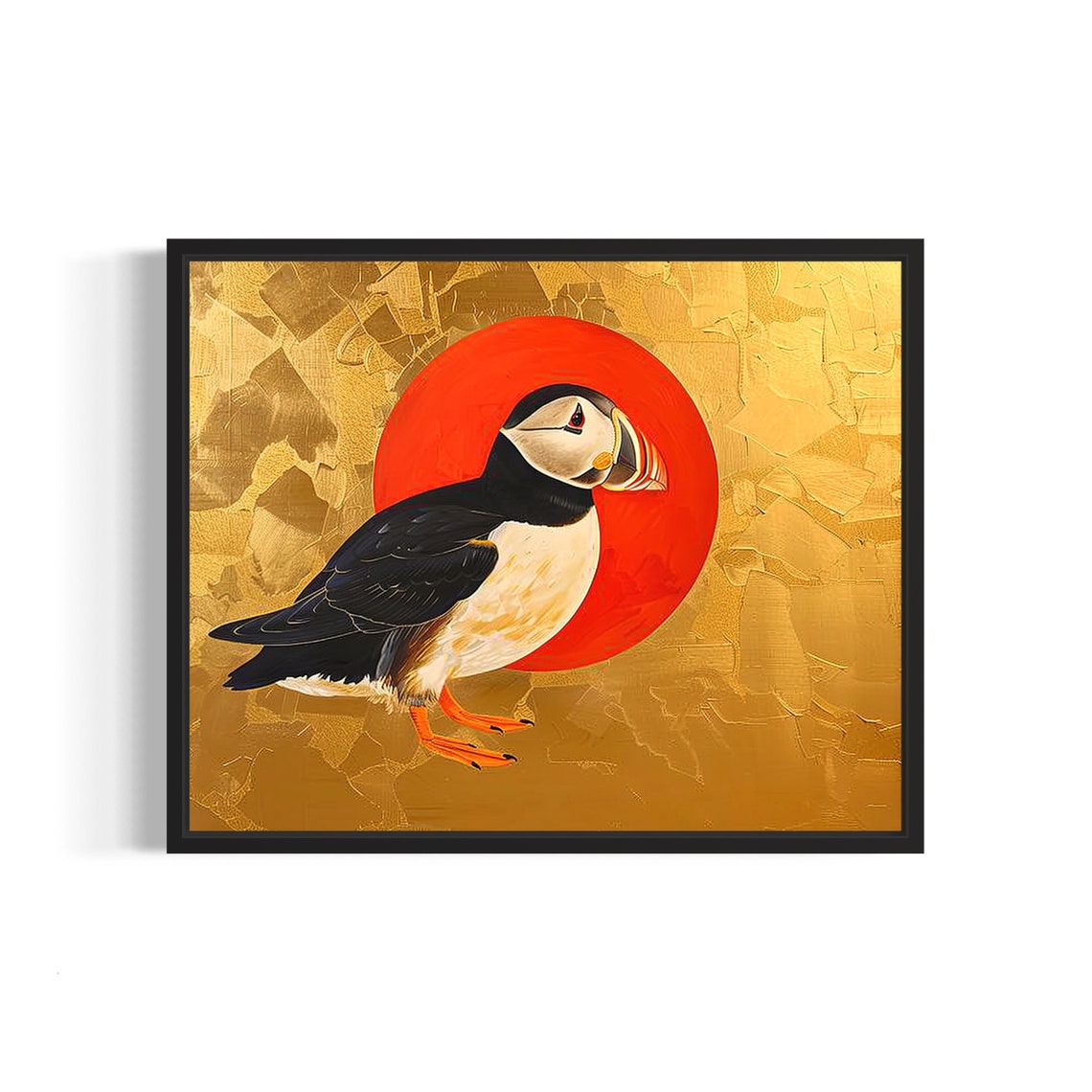 Puffin Perched Before Red Sun Gold Leaf Coastal Seabird Art Poster