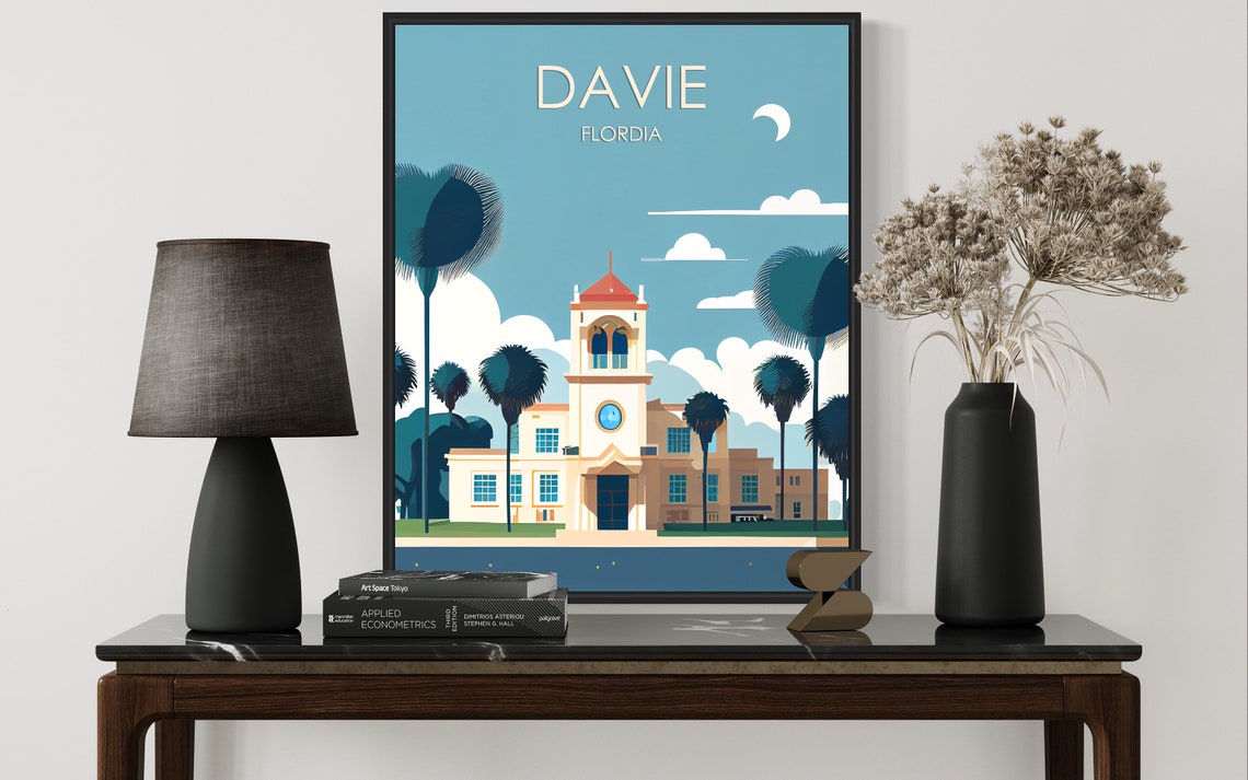 Davie Florida Spanish Clock Tower Palm Tree Retro Travel Poster - Image 2