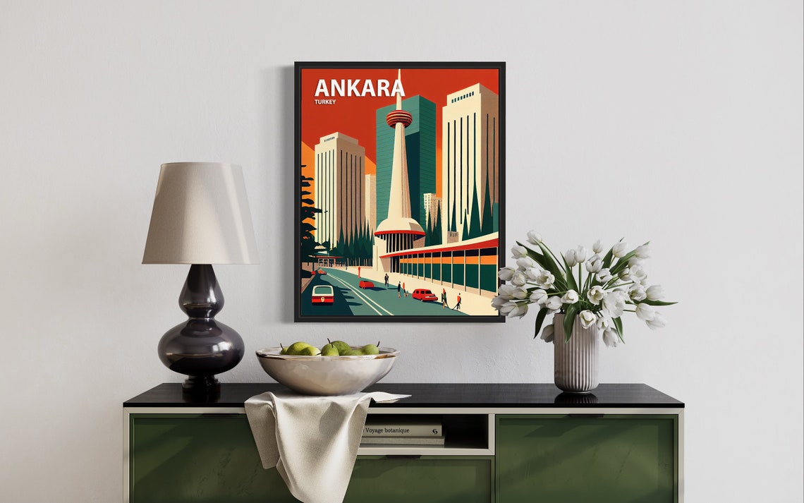 Ankara Turkey Retro TV Tower Street Scene Travel Poster Artwork - Image 3