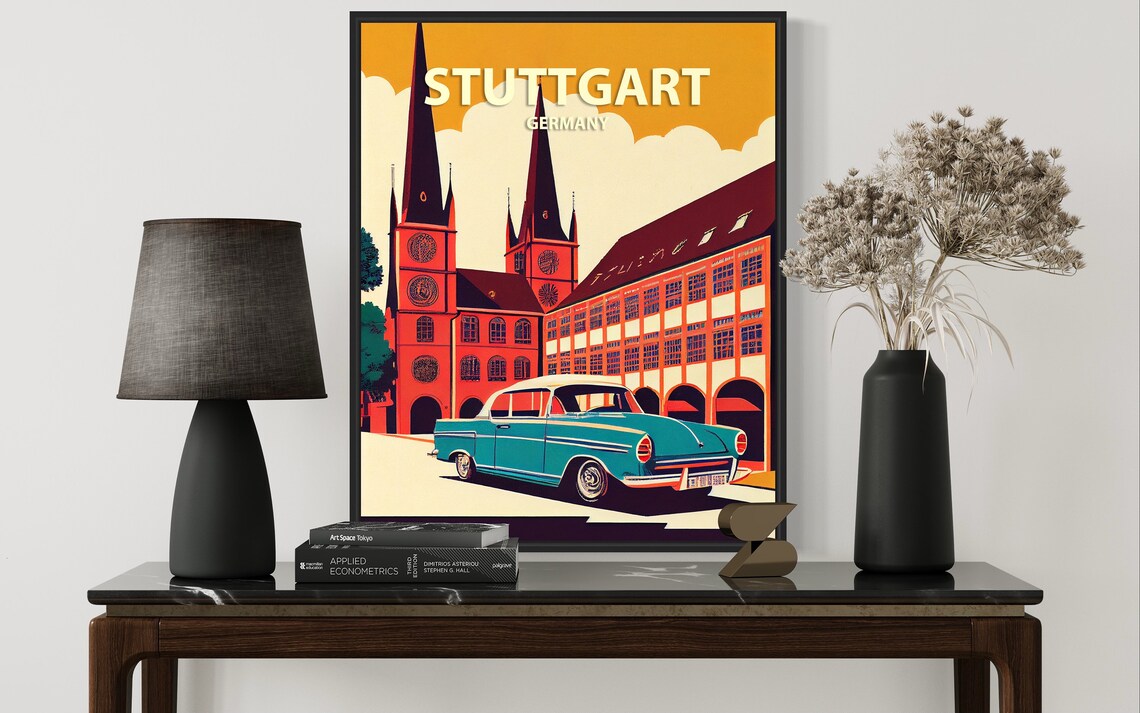 Stuttgart Germany Twin Church Spires Vintage Classic Car Retro Poster - Image 3