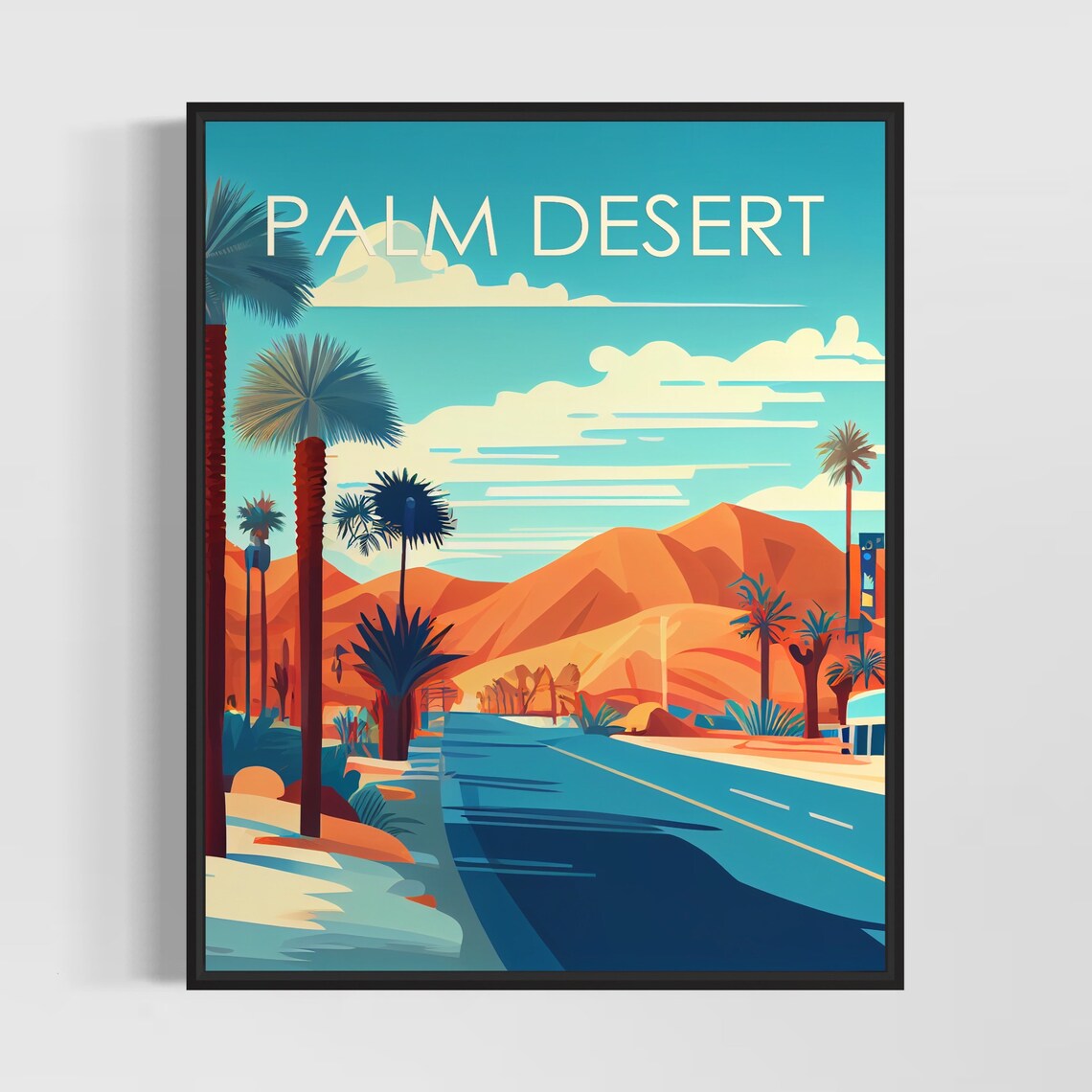Palm Desert Retro Palm Lined Desert Road Mountain View Poster