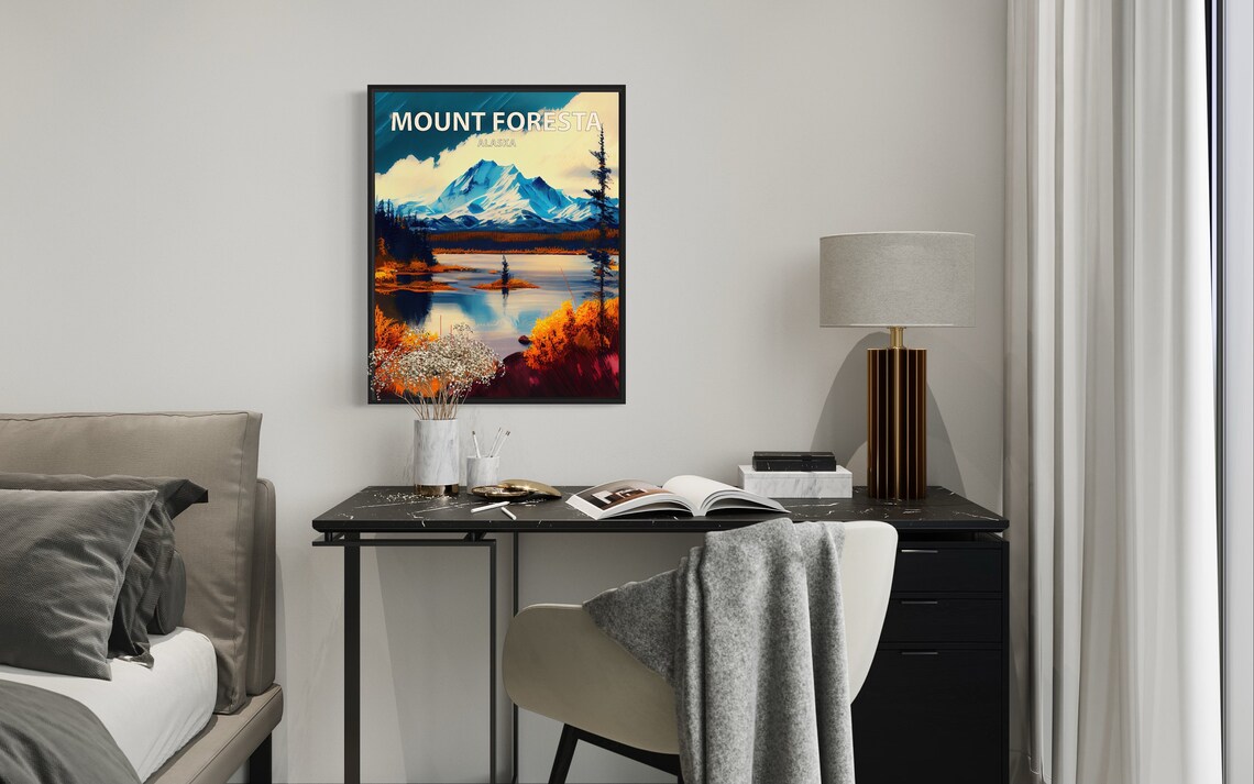 Mount Foresta Alaska Mirror Lake Snowy Peak Autumn Retro Travel Poster - Image 2