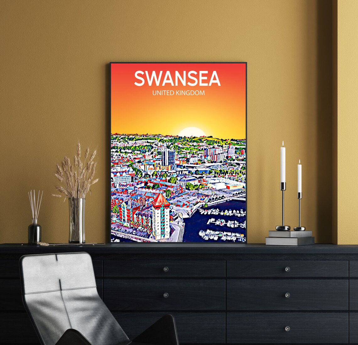 Swansea Uk Art Poster Sunset Night Poster Art Print Swansea City Framed Modern Wall Art Colorful Skyline Photo - Image 2