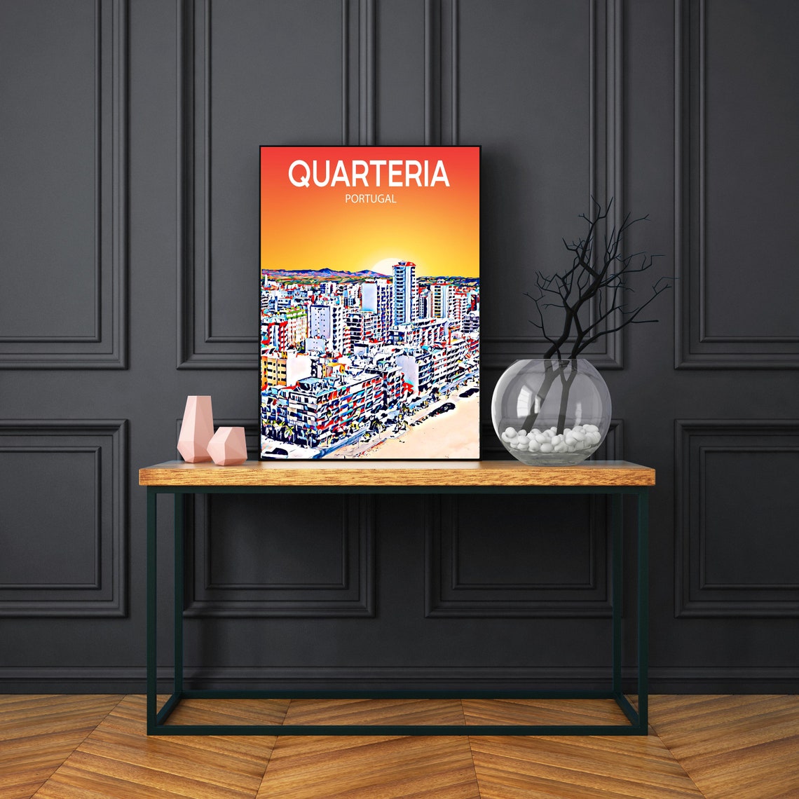 Quarteira Portugal Art Poster Sunset Night Poster Art Print Quarteira City Modern Wall Art Colorful Skyline Photo Sketch - Image 3