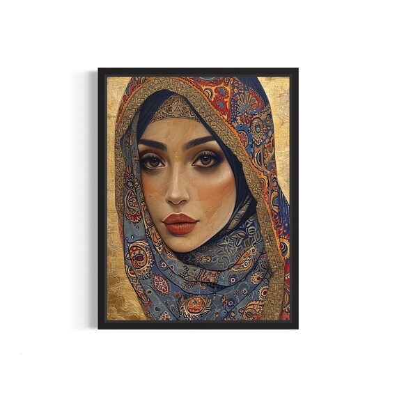 Dignified Muslim Woman in Ornate Patterned Hijab Gold Poster