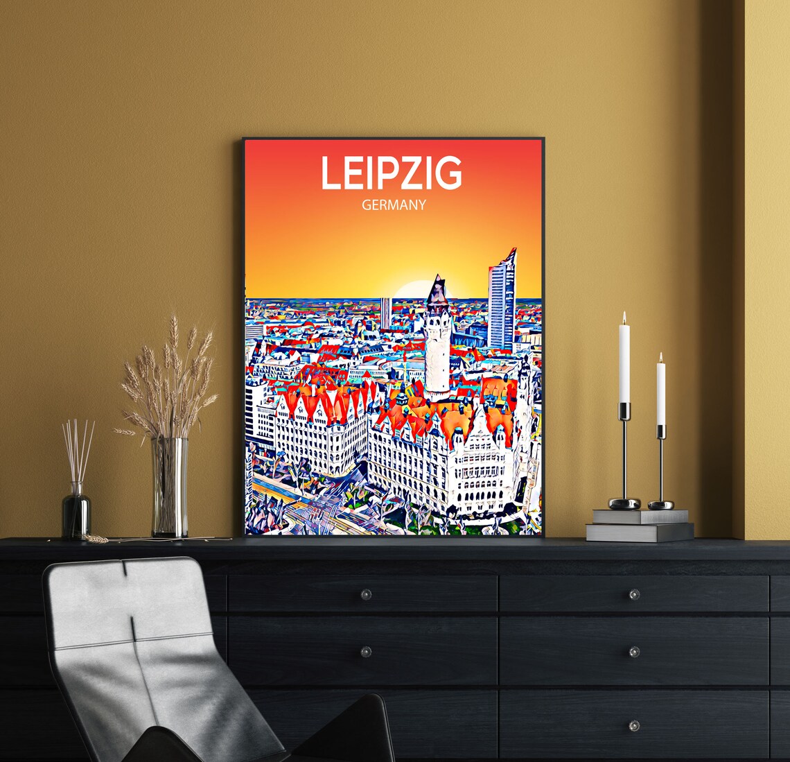 Leipzig Germany New City Hall Sunset Skyline Cityscape Art Poster - Image 2