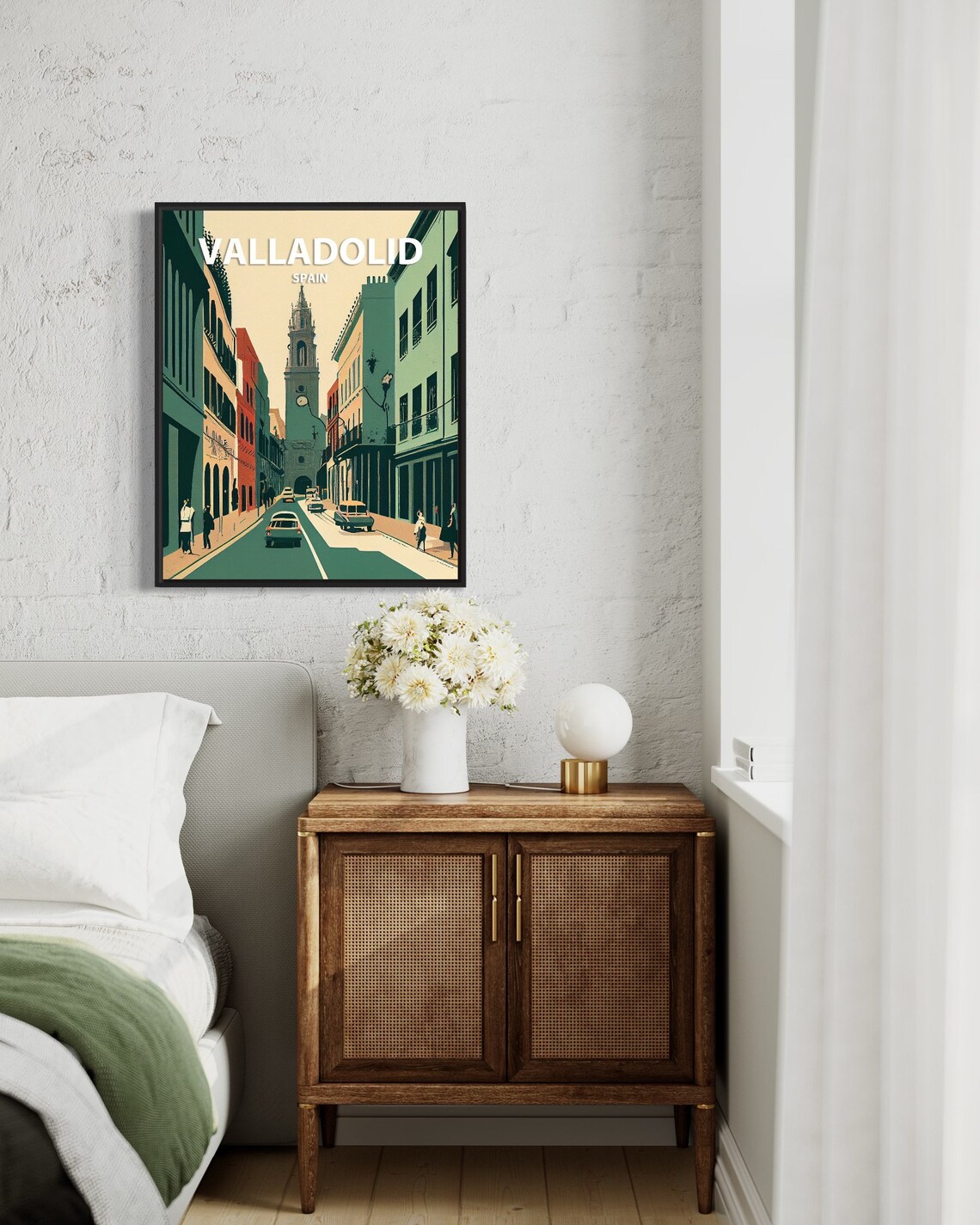 Valladolid Retro Street with Cathedral Tower and Vintage Cars Poster - Image 2