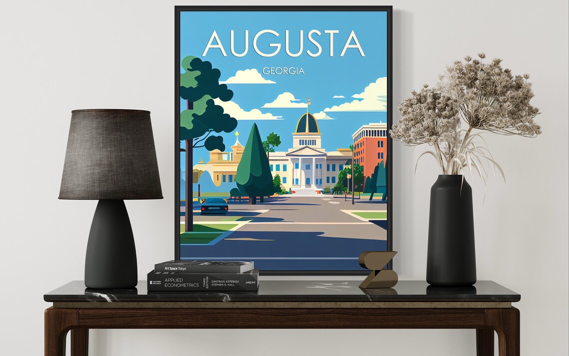 Augusta Georgia Domed Civic Building Tree Lined Street Travel Poster - Image 2