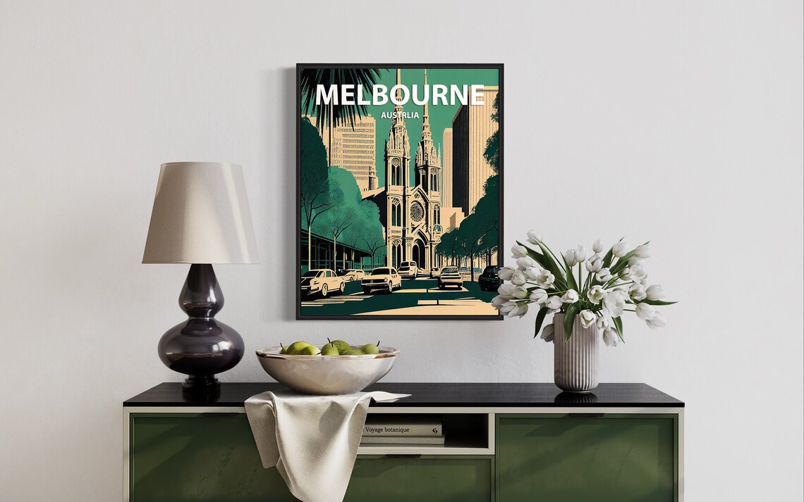 Melbourne Australia Gothic Church City Street Retro Travel Poster - Image 2