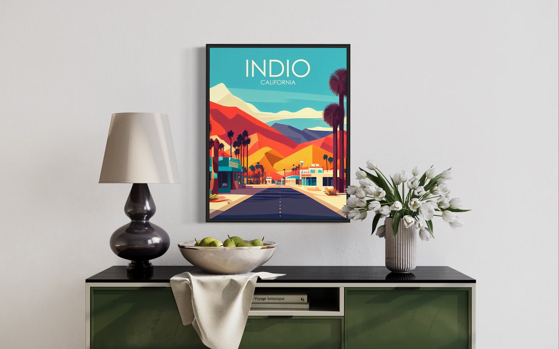 Indio California Fiery Red Desert Mountains Town Sunset Poster - Image 3